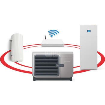 Hybrydowy system grzewczy: pompa ciepła 3F R290 Airmax3 12GT (3-15 kW) + szafa hydrauliczna Onebox z wymiennikiem c.w.u. do pomp ciepła Tower Grand 190 z kompletem elektrycznym 2kW + bufor 120 + centrala Smart Home Sinum