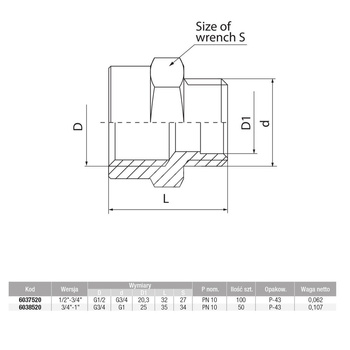 Złącze VALVEX V-Pex redukcja, mosiądz, 3/4'' x 1/2'' (GW x GZ), 32 mm