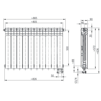 Grzejnik żeberkowy KFA Armatura G500F/D aluminium, podłączenie dolne, prawe, kątowe 572 x 865 mm, kolor biały (RAL 9016)
