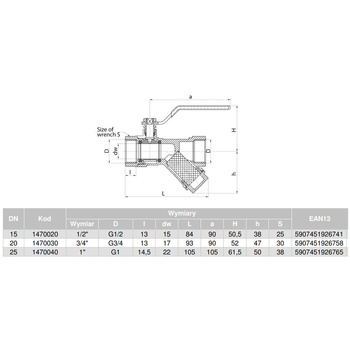 Zawór kulowy VALVEX Opti mosiądz, PN25 1'' GW z filtrem skośnym, uchwyt: dźwignia