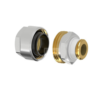 Złącze FLAMCO MEIBES PLUS DVGW dwuczęściowy, mosiądz (niklowanie) / mosiądz (niklowanie), 1/2'' (GZ gazowy walcowy x PZ), 48 mm z uszczelką, PN10 bar
