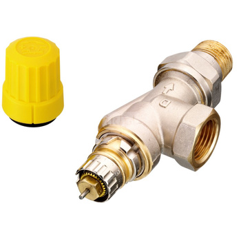 Zawór grzejnikowy termostatyczny DANFOSS kątowy odwrócony (aksjalny) z nastawą wstępną (bez ograniczenia skoku), połączenie 1/2'' (niklowanie) biały