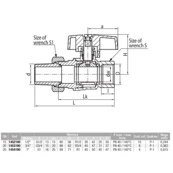 Zawór kulowy VALVEX Tryton mosiądz niklowany, PN40 3/4'' GZ x GW z półśrubunkiem, uchwyt: motylek
