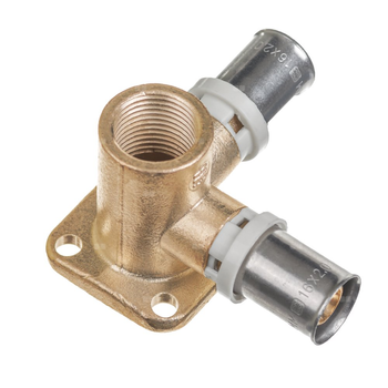 Podwójne kolano mosiężne naścienne zaprasowywane QIK 16x2,0-1/2''-16x2,XPRT