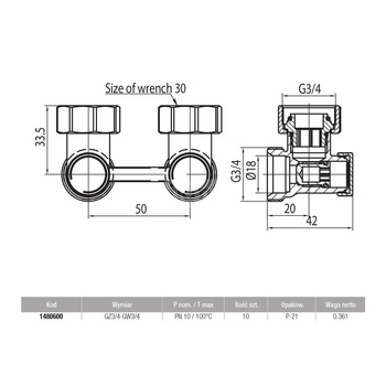 Moduł przyłączeniowy kątowy VALVEX FUSION 3 mosiądz (niklowany) 3/4'' x 3/4'', rozstaw 50 mm do grzejników