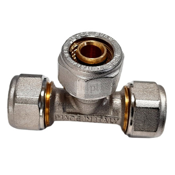 Trójnik QIK Skręcany do rur wielowarstwowych redukcja mosiądz 26 mm x 20 mm x 26 mm (złącze skręcane x złącze skręcane x złącze skręcane)