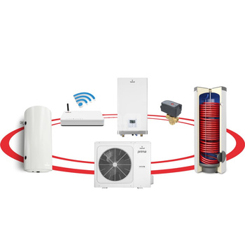 Hybrydowy system grzewczy: pompa ciepła PRIMA S 1F R32 10GT (typu SPLIT) + wymiennik c.w.u. do pomp ciepła TOWER GRAND 200 l + bufor 60 l + zawór trójdrogowy + komplet elektryczny + centrala Sinum Lite