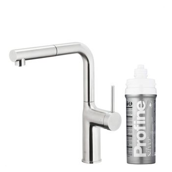 DUERO PURE MOVE PULL-OUT Bateria kuchenna z funkcją filtracji wody i wyciąganą wylewką, Stal nierdzewna + Zestaw filtrujący PROFINE Silver S