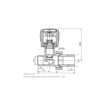 PHA-030/L G1/2xO15 (GZ) PN10 DN15 Zawór grzejnikowy P do wlutowania CuZn-C PN-M-75002
