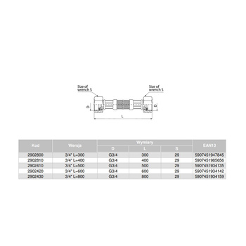 Wąż przyłączeniowy elastyczny VALVEX Viper Plus z oplotem (stal nierdzewna), GW x GW, 3/4'' x 3/4'', długość 300 mm
