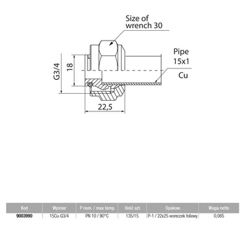 Złącze VALVEX CoPPer, mosiądz (niklowany), 15 mm x 3/4'' (zz x GW)