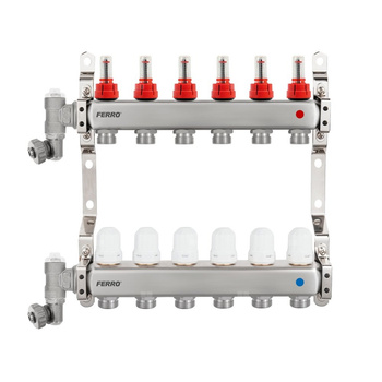Rozdzielacz stalowy F-Comfort z zaworami termostatycznymi, przepływomierzami, ręcznym odpowietrznikiem i zaworem spustowym, 10-drogowy
