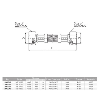 Wąż przyłączeniowy elastyczny VALVEX Viper Plus z oplotem (stal nierdzewna), GW x GW, 3/8'' x 3/8'', długość 500 mm