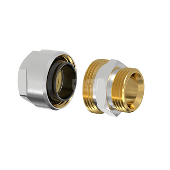 Złącze FLAMCO MEIBES PLUS DVGW dwuczęściowy, mosiądz (niklowanie) / mosiądz (niklowanie), 3/4'' x 1/2'' (eurokonus x PZ), 44.2 mm z uszczelką, PN10 bar