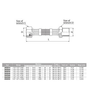 Wąż przyłączeniowy elastyczny VALVEX Viper Plus z oplotem (stal nierdzewna), GW x GZ, 1/2'' x 1/2'', długość 800 mm