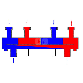 Rozdzielacz 2-obiegowy zintegrowany ze sprzęgłem hydraulicznym z izolacją i elementami mocującymi (moc maksymalna 60 kW, maksymalny przepływ przy DT = 20ºC 2,58 m³/h)