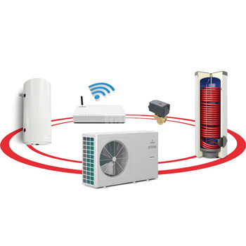 Hybrydowy system grzewczy: pompa ciepła PRIMA 1F R32 8GT (typu MONOBLOK) + wymiennik c.w.u. do pomp ciepła TOWER GRAND 200 l + bufor 60 l + zawór trójdrogowy + komplet elektryczny + centrala Sinum Lite