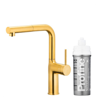 DUERO PURE MOVE PULL-OUT Bateria kuchenna z funkcją filtracji wody i wyciąganą wylewką, Brushed gold + Zestaw filtrujący PROFINE Silver S