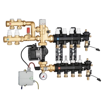 Zespół regulacyjny - regulacja stałotemperaturowa. 4 wyjścia. Dodatkowy rozdzielacz obiegu pierwotnego z dwoma wyjściami.