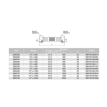 Wąż przyłączeniowy elastyczny VALVEX Viper Plus z oplotem (stal nierdzewna), GW x GW, 1/2'' x 1/2'', długość 1000 mm