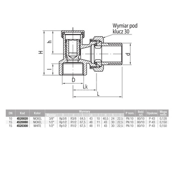 Zawór grzejnikowy powrotny kątowy VECTOR 1/2 typ ZO-K-15, biały