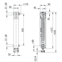 Grzejnik żeberkowy KFA Armatura G500F/D/1 aluminium, podłączenie dolne, prawe, proste 572 x 80 mm, kolor biały (RAL 9016)